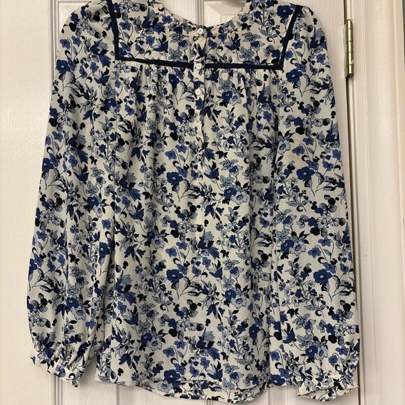 Talbots Tops - Talbots Size Large S Blouse Top White Blue Women’s Career Floral Crochet Trim
